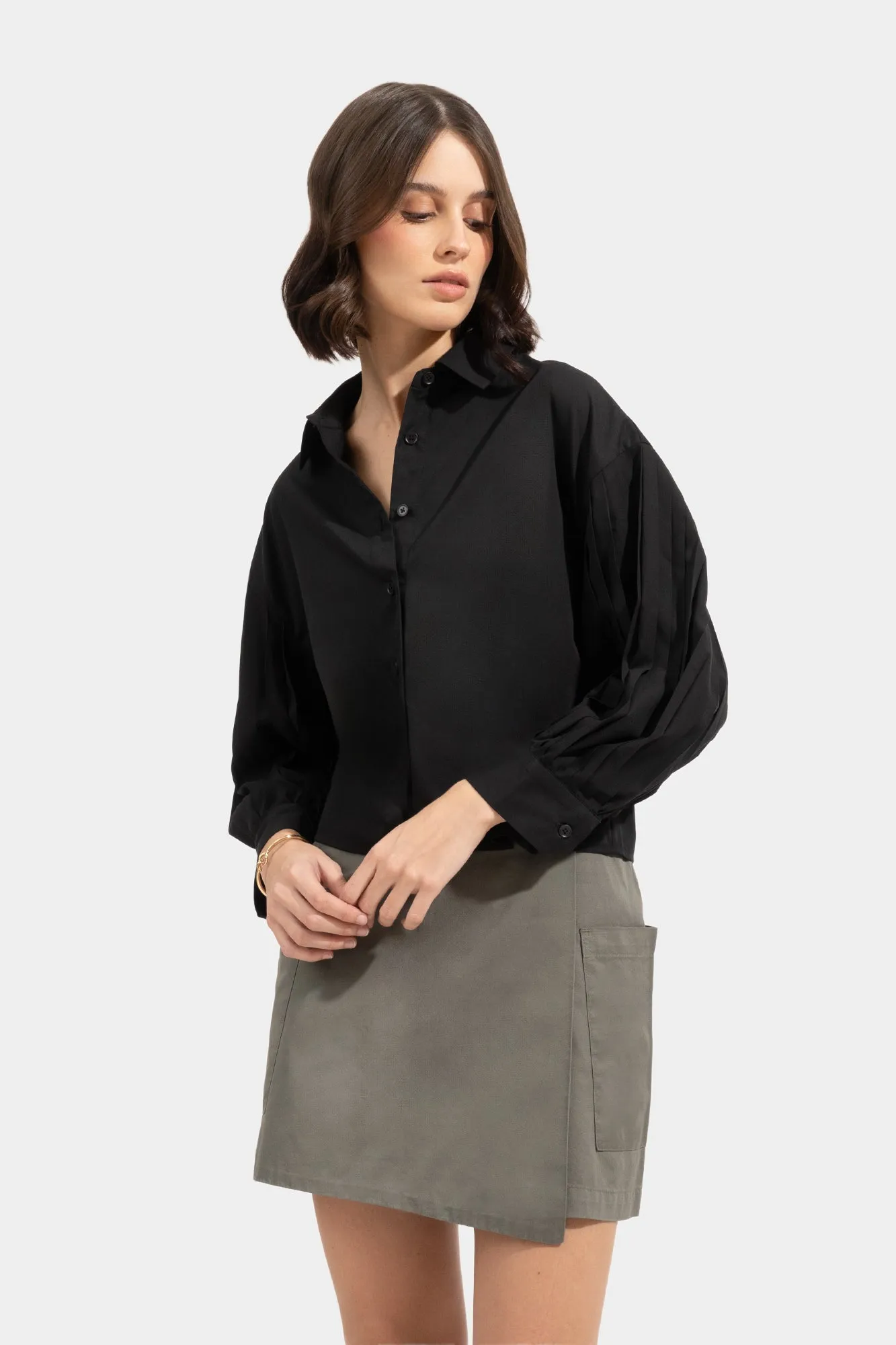 Pleated Sleeves Button Down Shirt