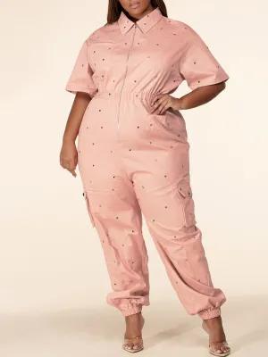 PLUS SIZE SHORT SLEEVE ZIP UP RHIMESTONES DETAILED DENIM JUMPSUIT