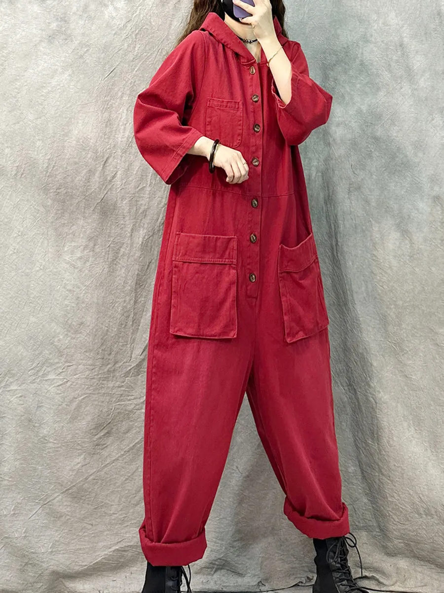 Plus Size Women Vintage Solid Denim Long Sleeve Hooded Jumpsuits