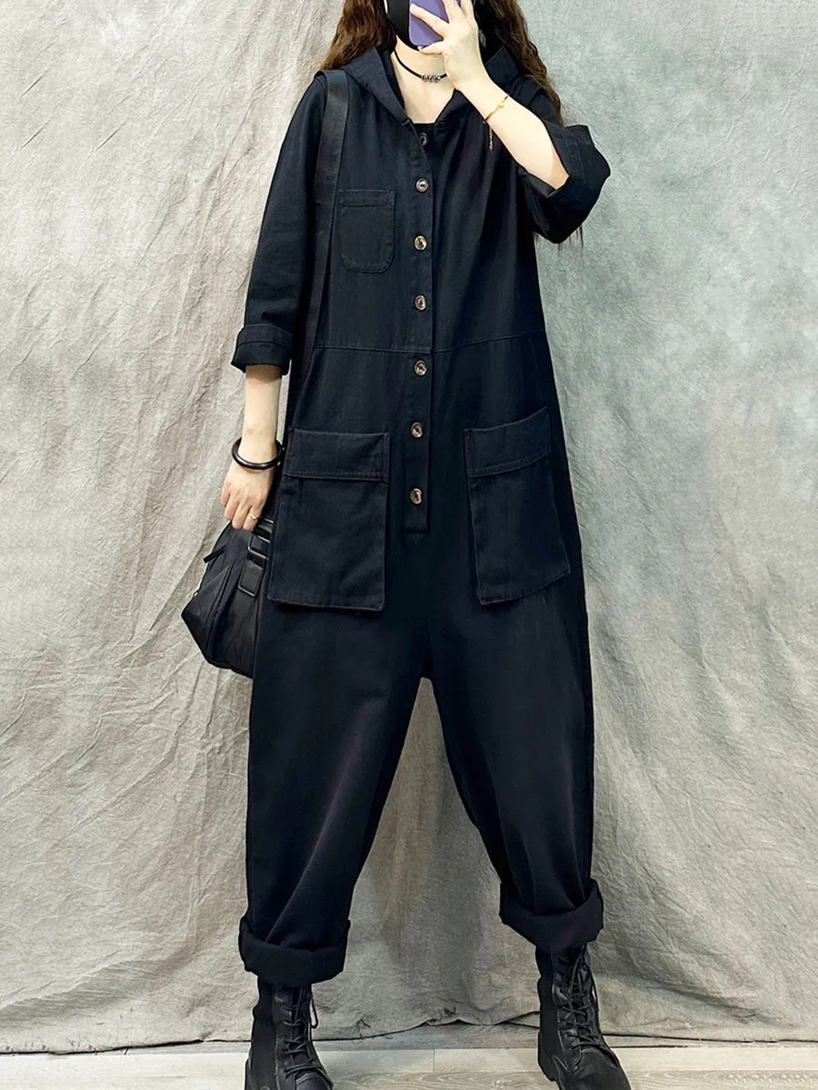 Plus Size Women Vintage Solid Denim Long Sleeve Hooded Jumpsuits
