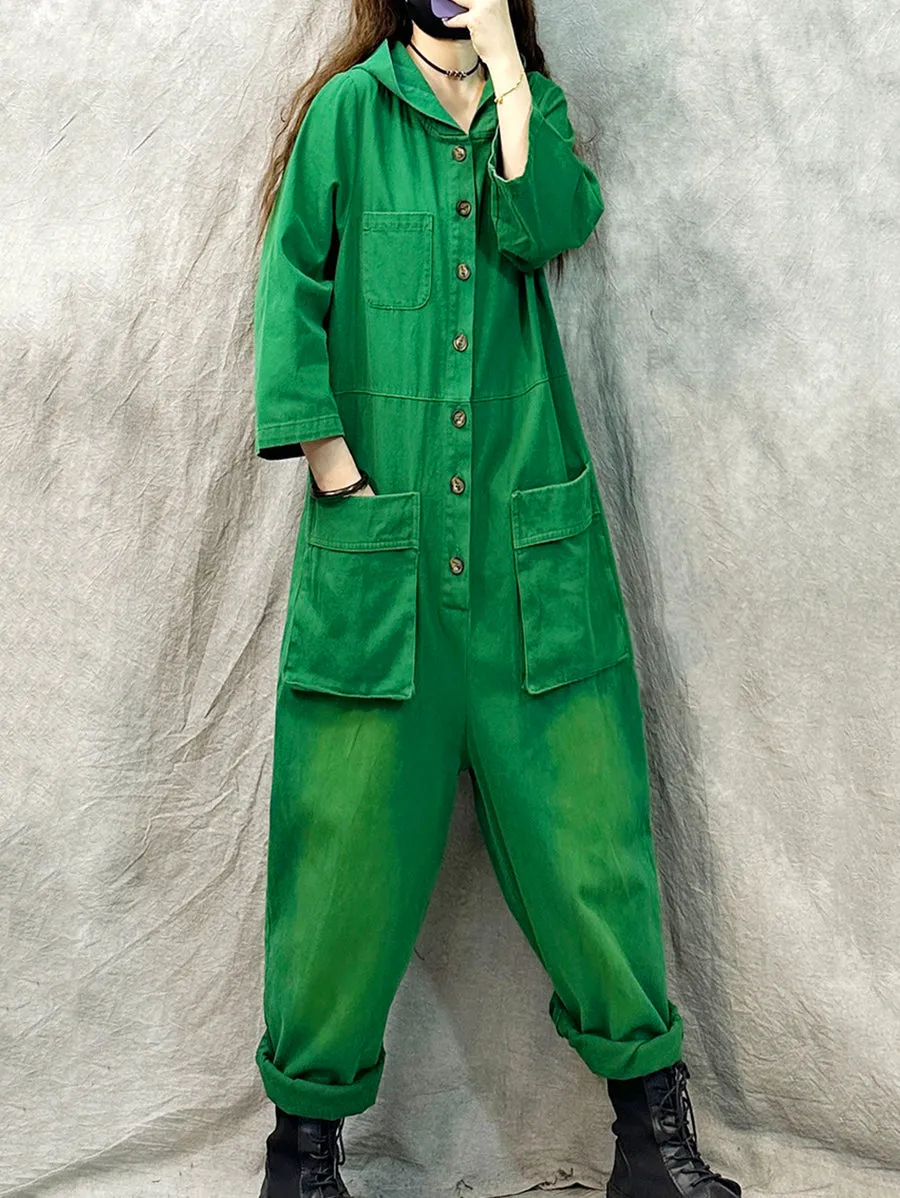 Plus Size Women Vintage Solid Denim Long Sleeve Hooded Jumpsuits