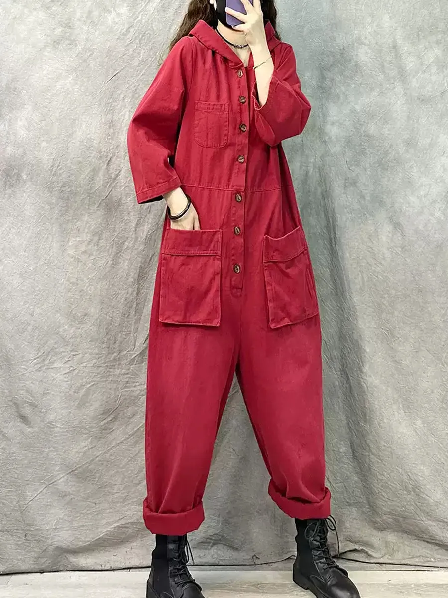 Plus Size Women Vintage Solid Denim Long Sleeve Hooded Jumpsuits