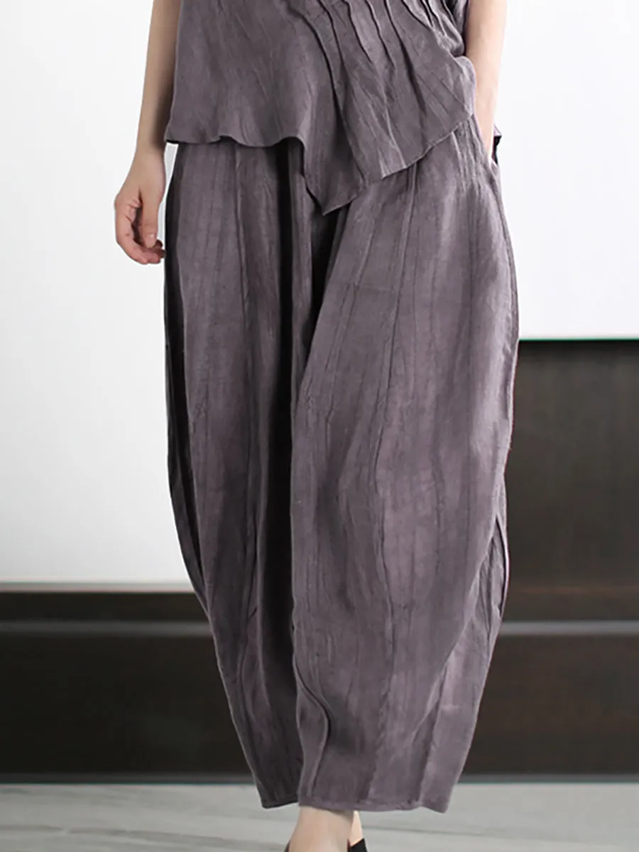 Plus Size Women Vintage Solid Linen Cotton Shirt Pants