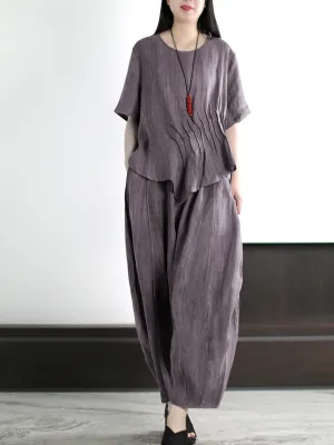 Plus Size Women Vintage Solid Linen Cotton Shirt Pants