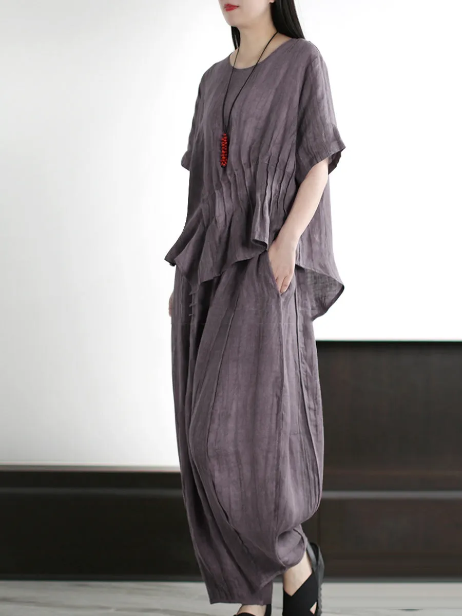 Plus Size Women Vintage Solid Linen Cotton Shirt Pants