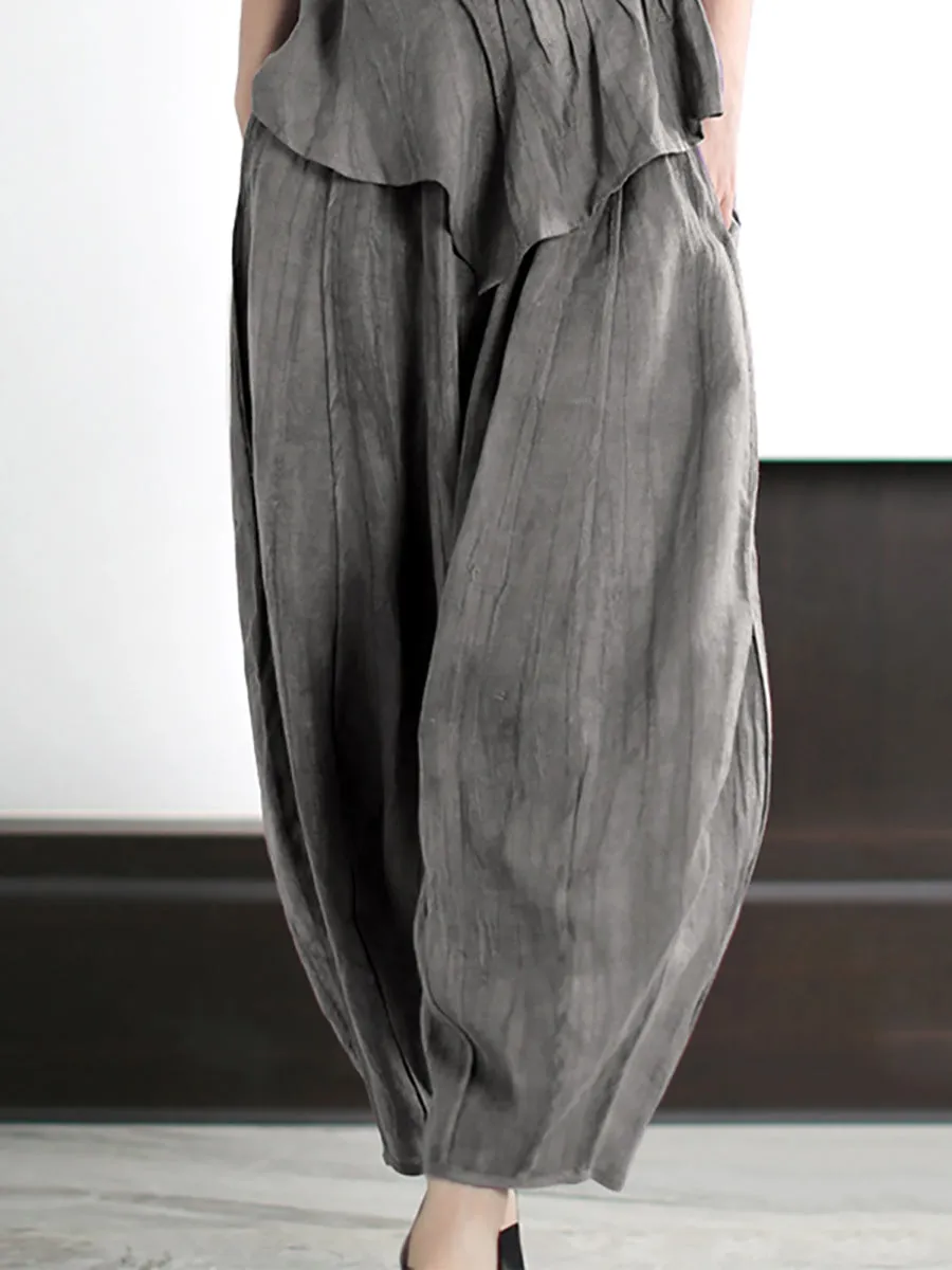 Plus Size Women Vintage Solid Linen Cotton Shirt Pants