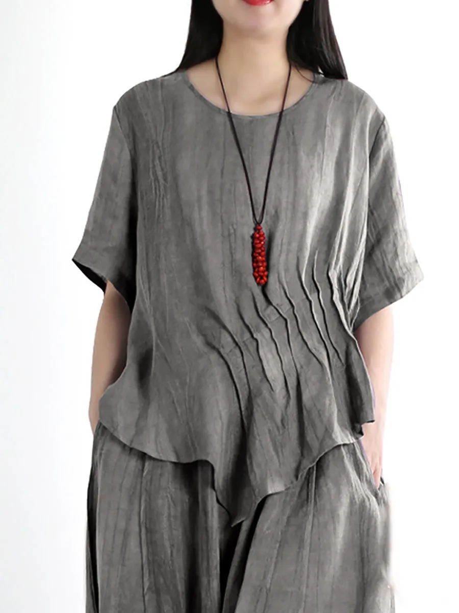 Plus Size Women Vintage Solid Linen Cotton Shirt Pants