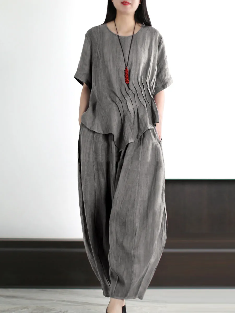Plus Size Women Vintage Solid Linen Cotton Shirt Pants