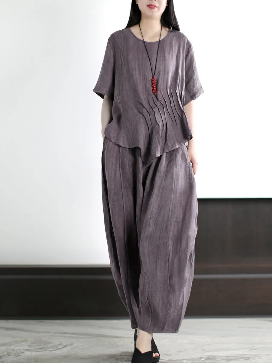 Plus Size Women Vintage Solid Linen Cotton Shirt Pants