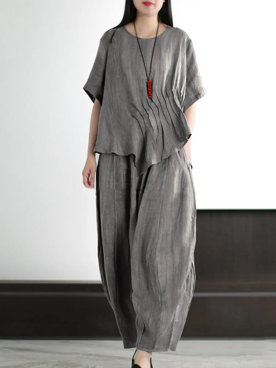 Plus Size Women Vintage Solid Linen Cotton Shirt Pants