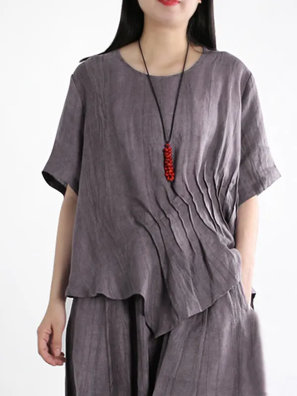 Plus Size Women Vintage Solid Linen Cotton Shirt Pants