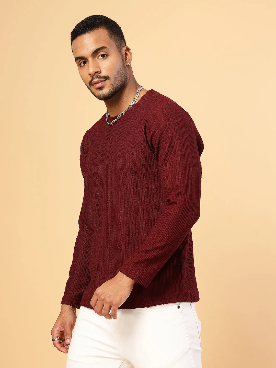 Polyester Knitted Slim Fit Round Neck T-Shirt