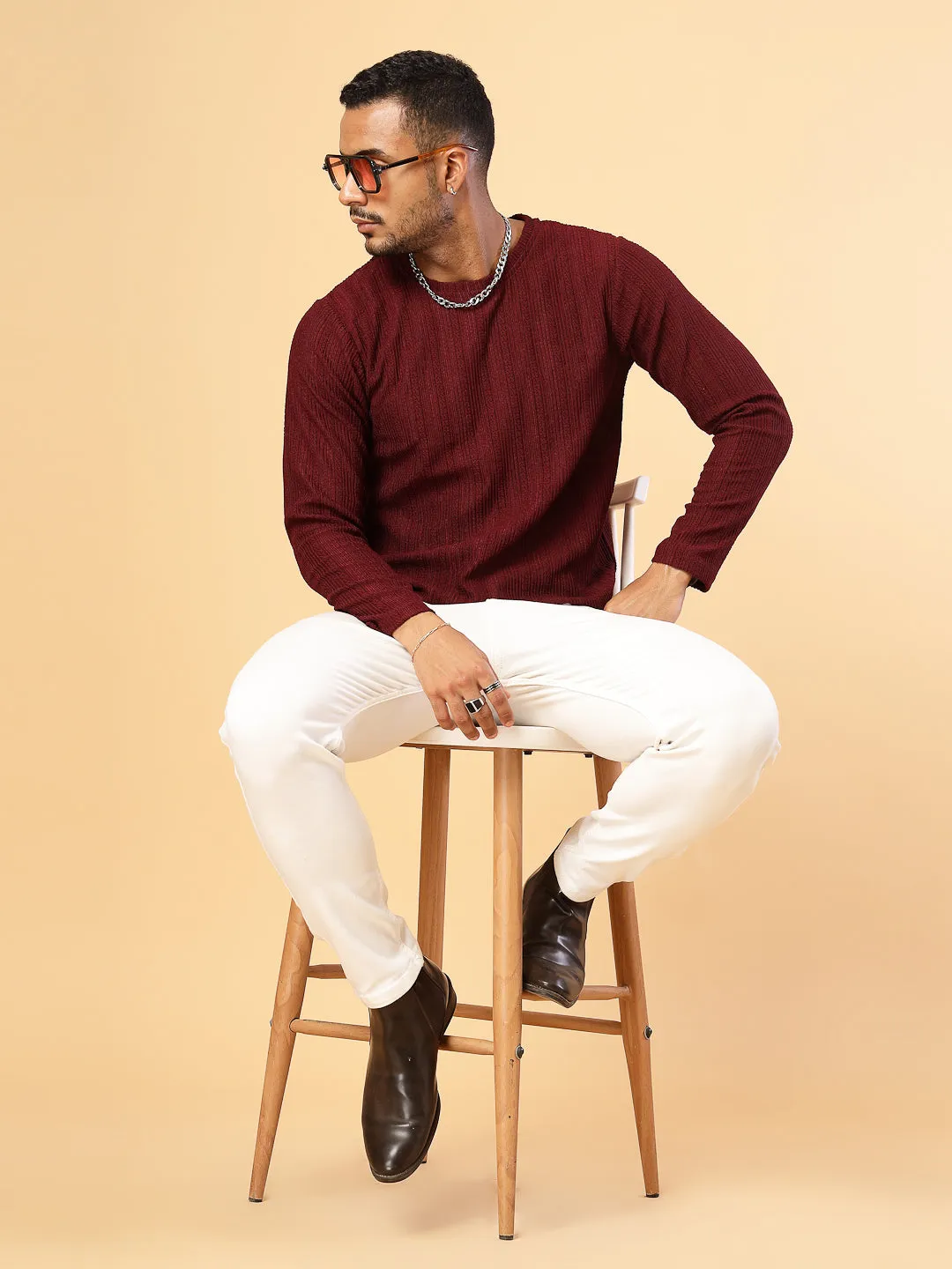 Polyester Knitted Slim Fit Round Neck T-Shirt
