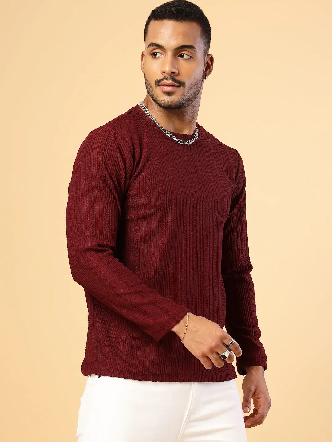 Polyester Knitted Slim Fit Round Neck T-Shirt
