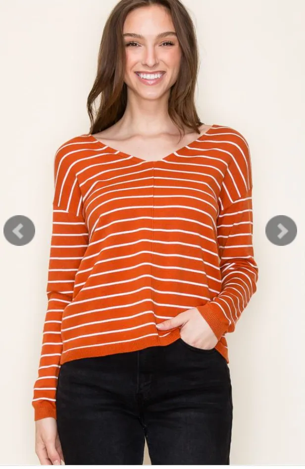 Pumpkin Striped V-Neck Sweater - Final Sale