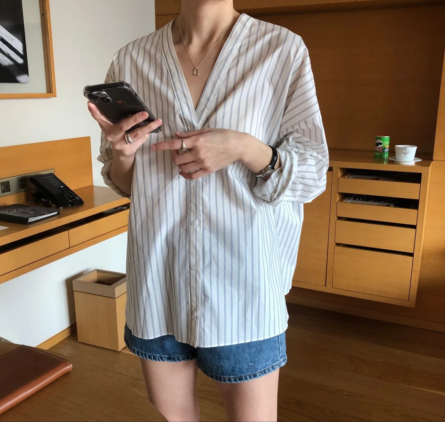 "V" Detailed Front & Back Stripe Button Down Shirts