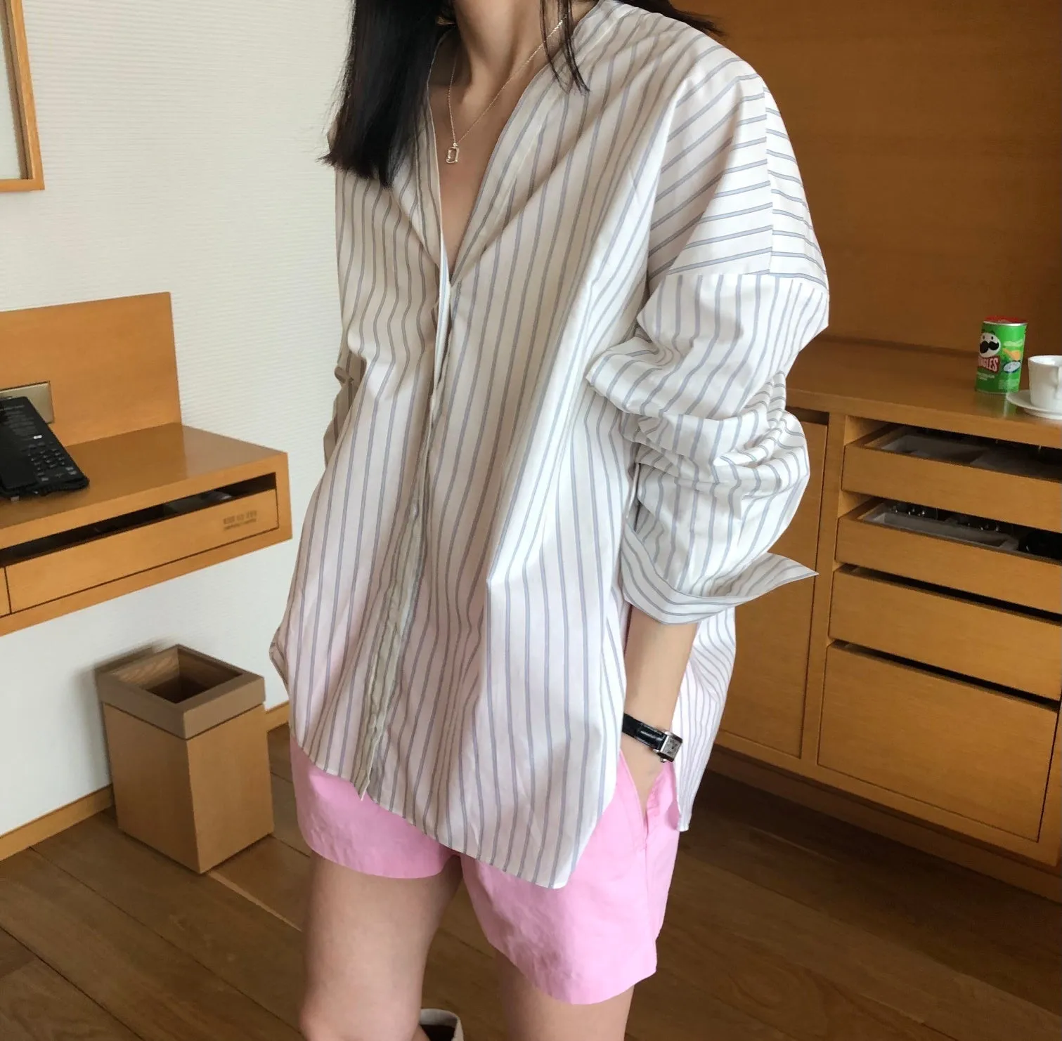 "V" Detailed Front & Back Stripe Button Down Shirts