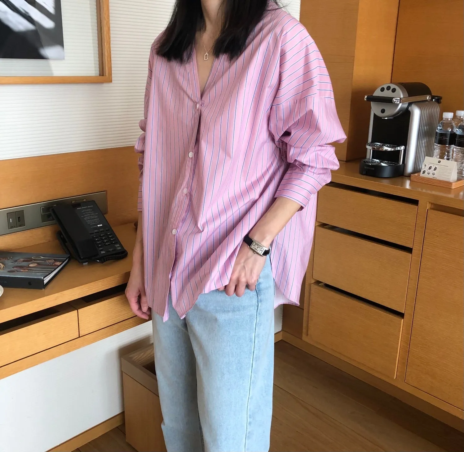 "V" Detailed Front & Back Stripe Button Down Shirts
