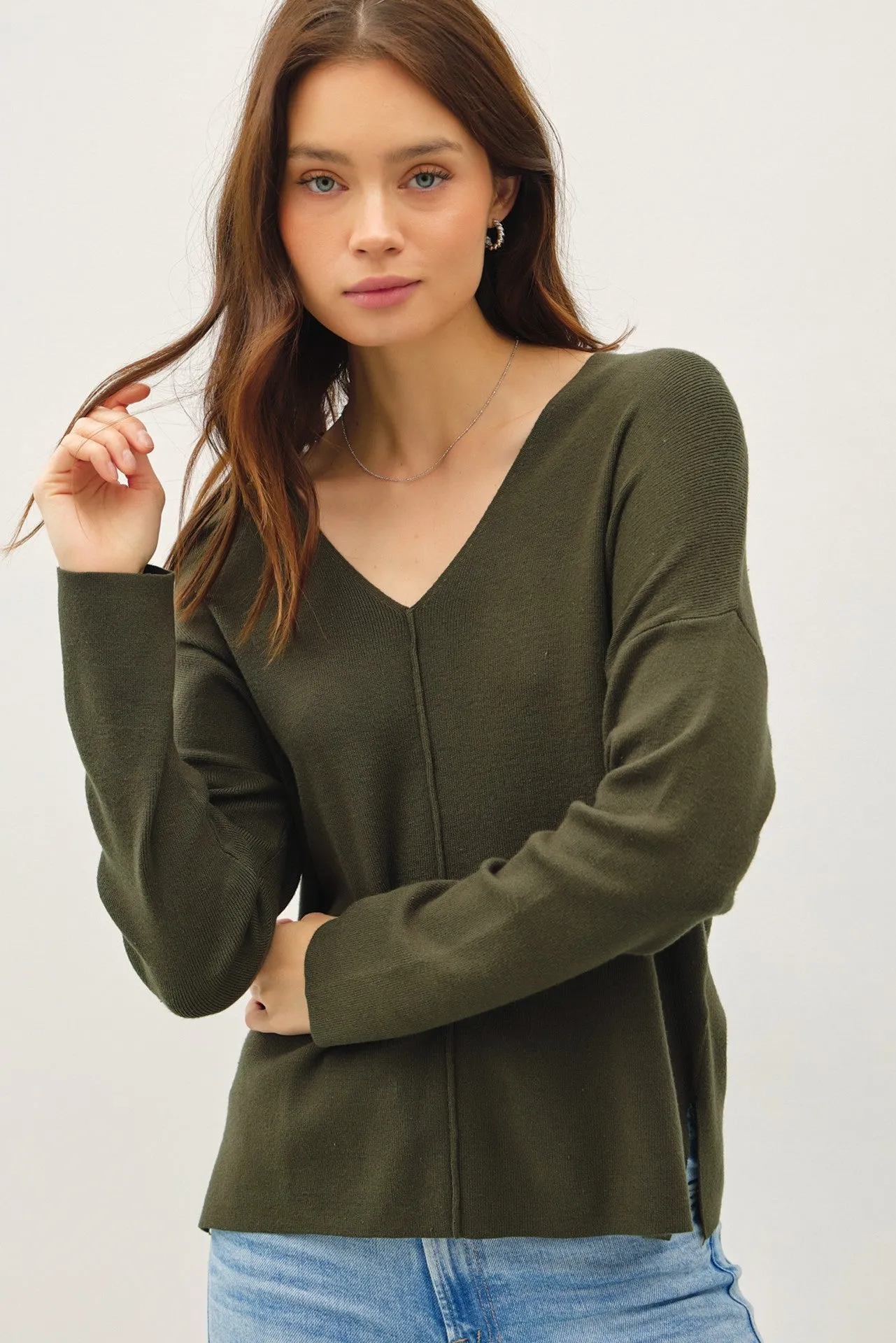 Relaxed V-Neck Sweater w/ Center Seam - Final Sale