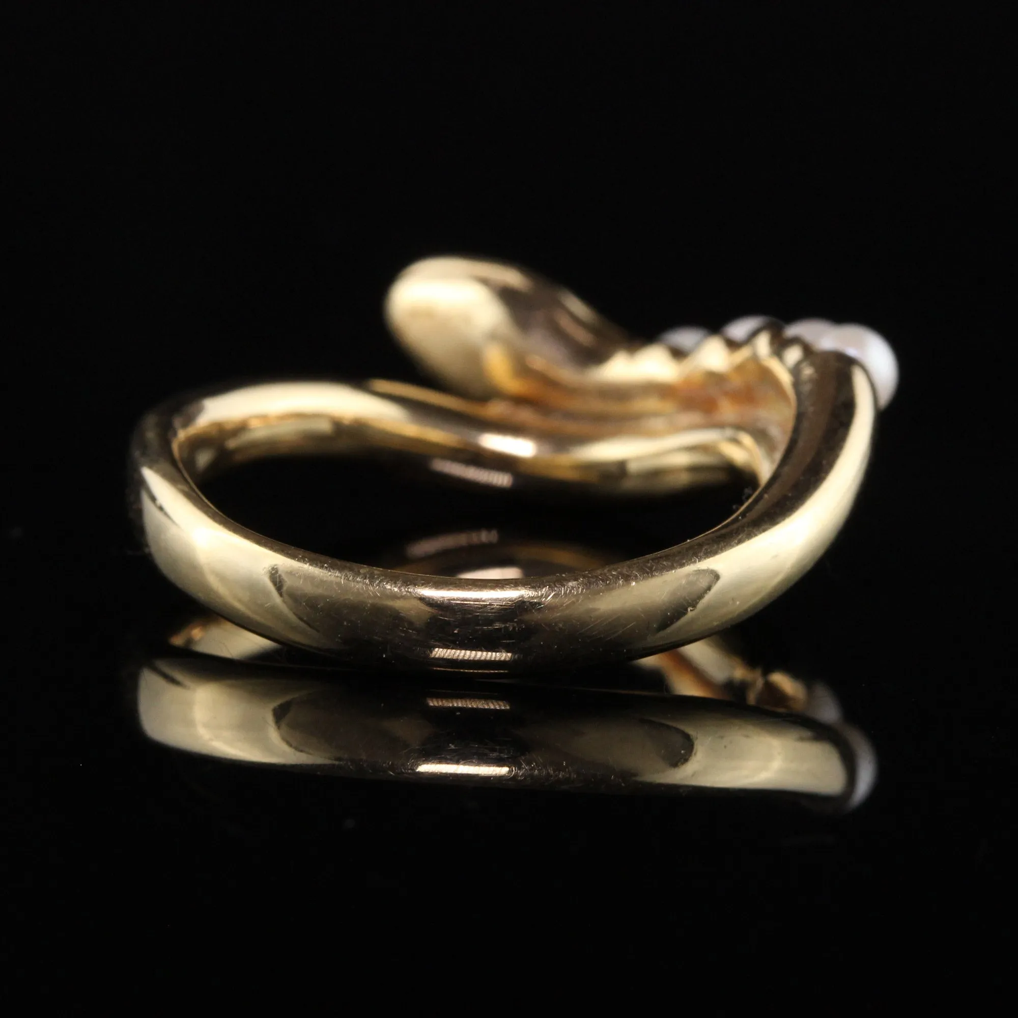 Retro Estate 14K Yellow Gold Pearl and Emerald Snake Ring
