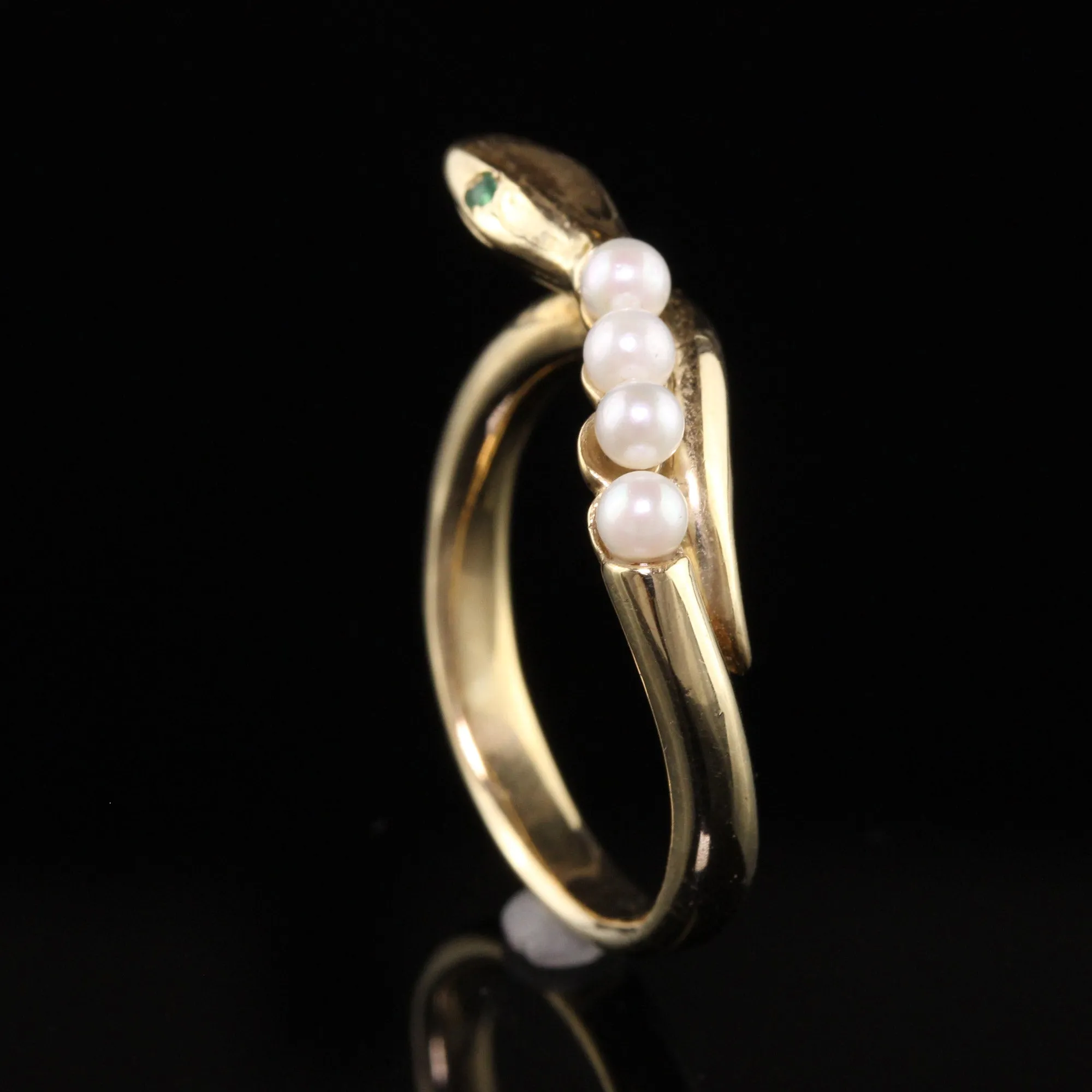 Retro Estate 14K Yellow Gold Pearl and Emerald Snake Ring