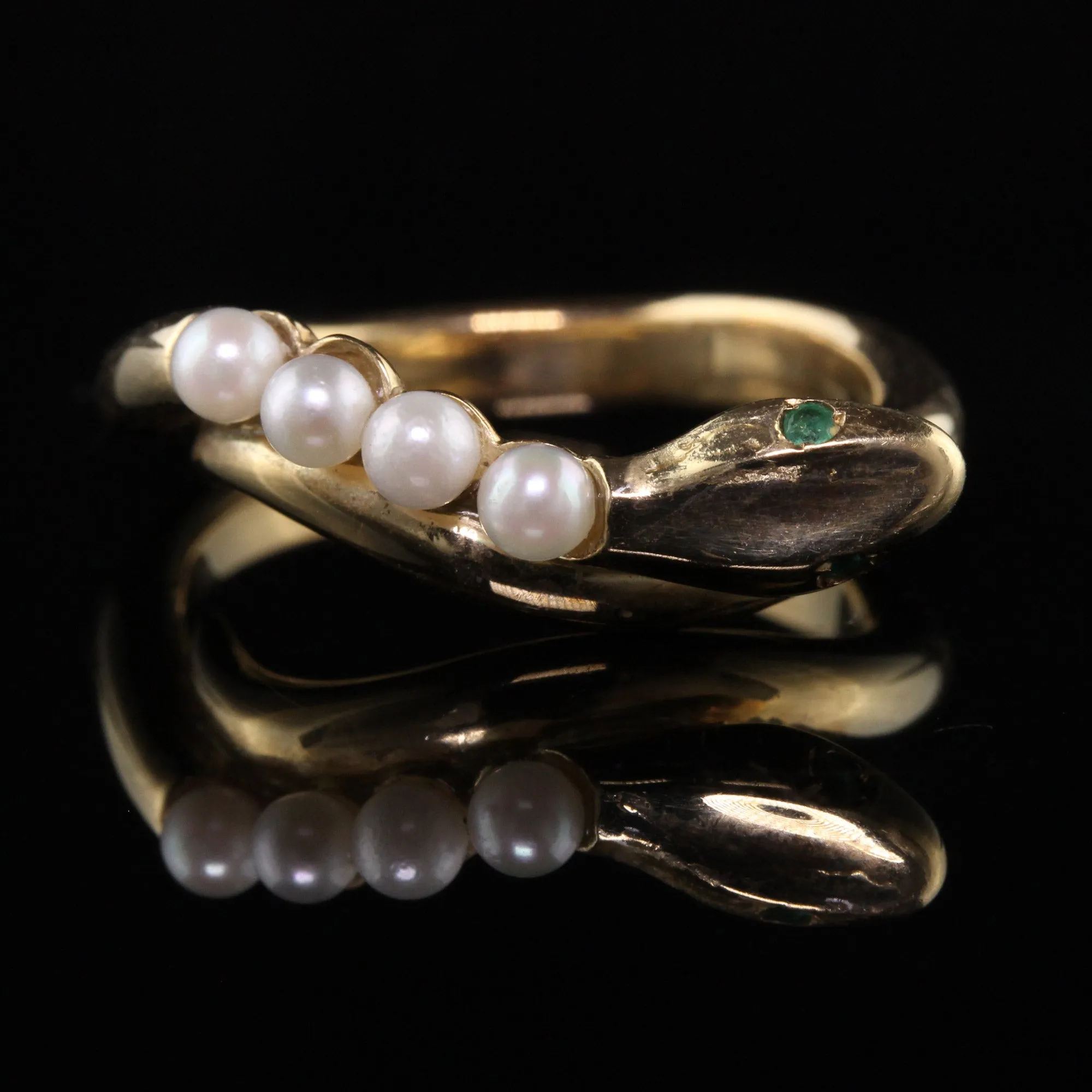 Retro Estate 14K Yellow Gold Pearl and Emerald Snake Ring
