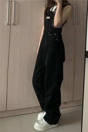 Retro Long Casual Black Denim Jumpsuit
