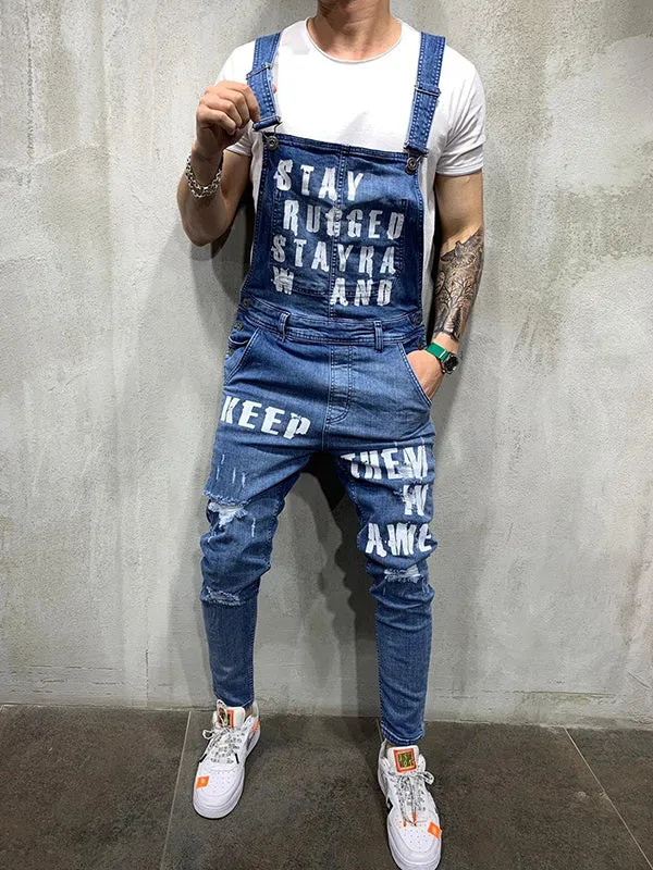 Ripped Lettered Denim Trousers Jumpsuit