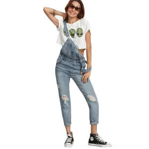Ripped Stone Wash Denim Overall Jeans Women Cute Wear Vintage Sleeveless with Pockets Jumpsuits