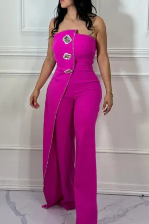 Rose Red Rhinestone Decor Sleeveless Strapless Slit Formal Office Lady Casual Tube Tops Jumpsuits