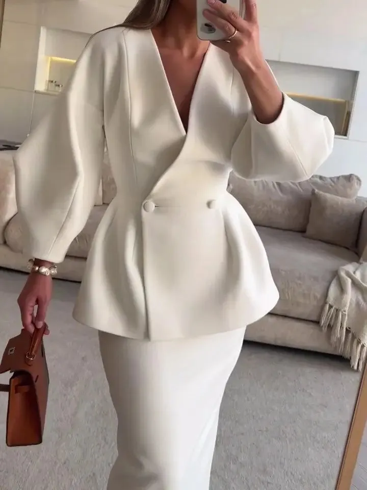 Ruffled V-neck Coat  Long Skirt Suit - Elegant Two-Piece Outfit