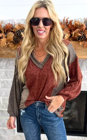 Rust Brushed Colorblock Contrast V-Neck Top