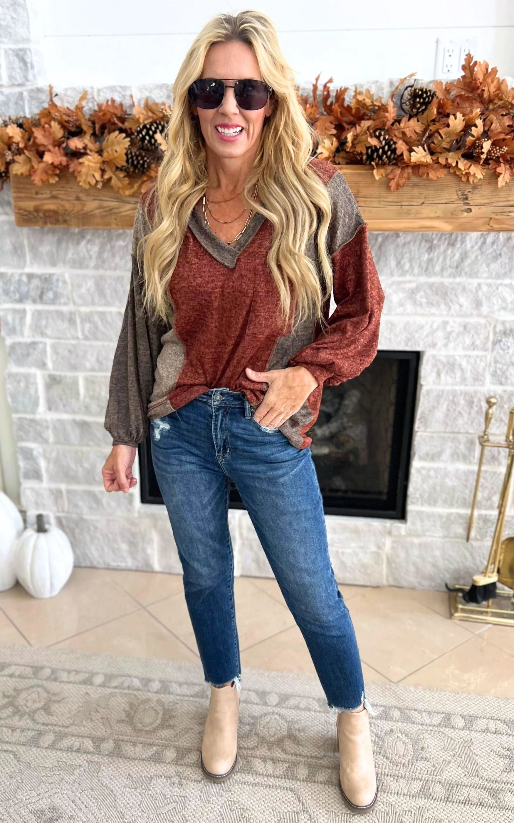 Rust Brushed Colorblock Contrast V-Neck Top