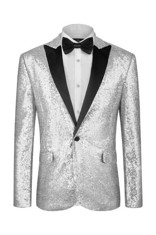 Silvery Two Piece Sequins Peaked Lapel Prom Suit