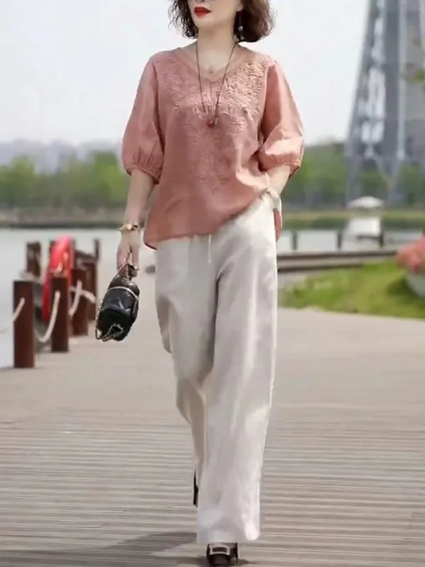Simple Embroidery Ladies Two Piece Suit