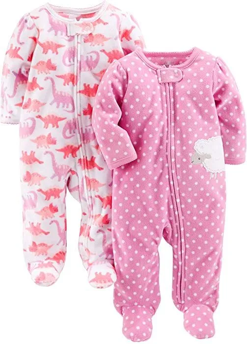 Simple Joys by Carter's Baby Girls' 2-Pack Fleece Footed Sleep and Play, Dinosaur & Sheep, Sz 0-3 Months!