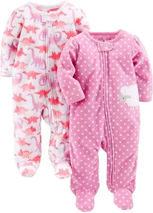 Simple Joys by Carter's Baby Girls' 2-Pack Fleece Footed Sleep and Play, Dinosaur & Sheep, Sz 0-3 Months!