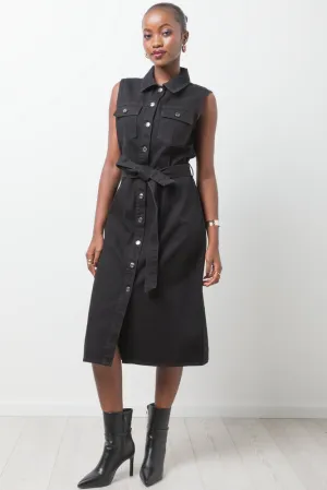 Sleeveless Belted Denim Dress Black