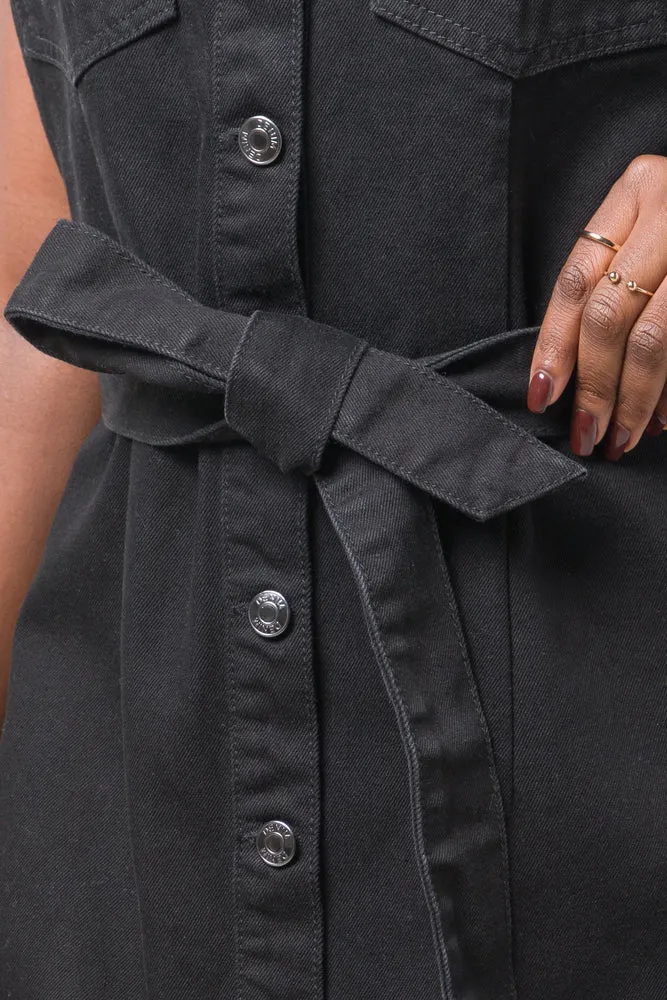Sleeveless Belted Denim Dress Black