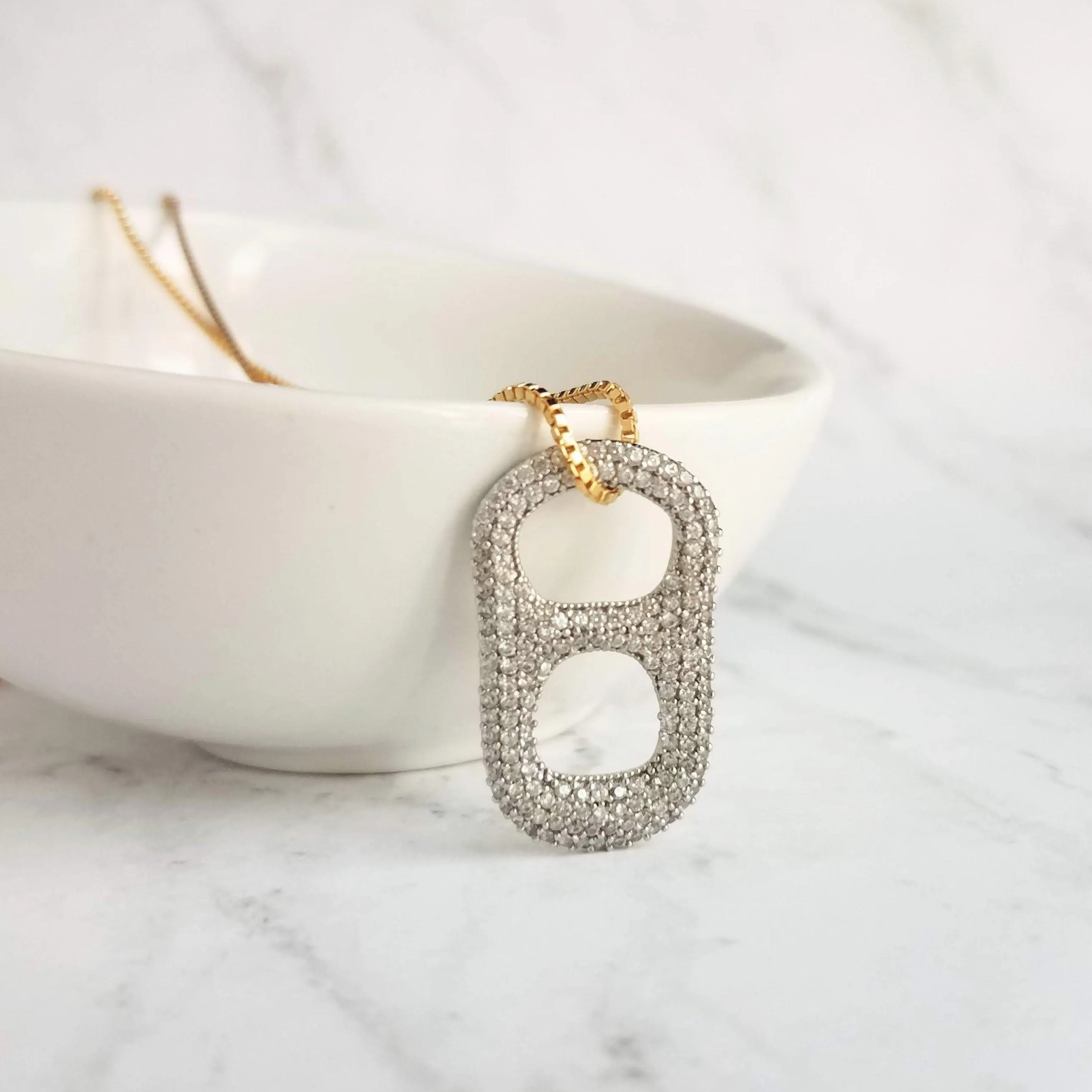 Soda Pop Tab Necklace, crystal tag necklace, soda pendant, pop necklace, soda pull tab necklace, silver soda tab, gold pop tab, diamond tab