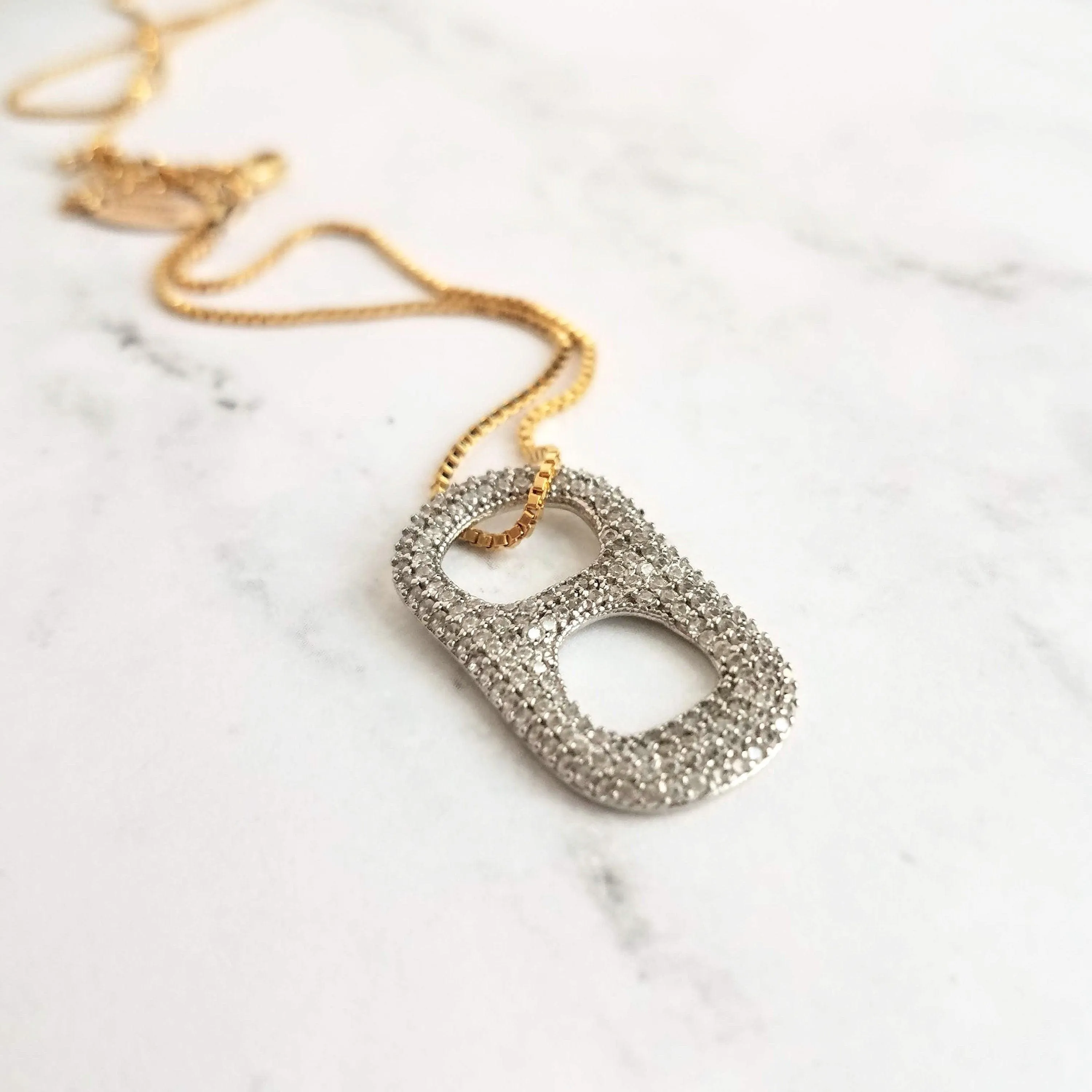 Soda Pop Tab Necklace, crystal tag necklace, soda pendant, pop necklace, soda pull tab necklace, silver soda tab, gold pop tab, diamond tab