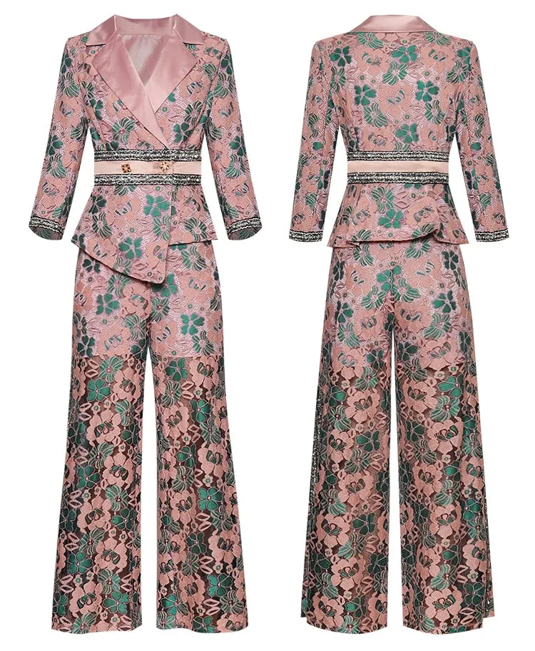 Sofia Autumn Winter Women 3/4 sleeve  Asymmetrical Suit Tops Straight trousers Lace Print Two-piece suit