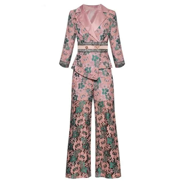Sofia Autumn Winter Women 3/4 sleeve  Asymmetrical Suit Tops Straight trousers Lace Print Two-piece suit