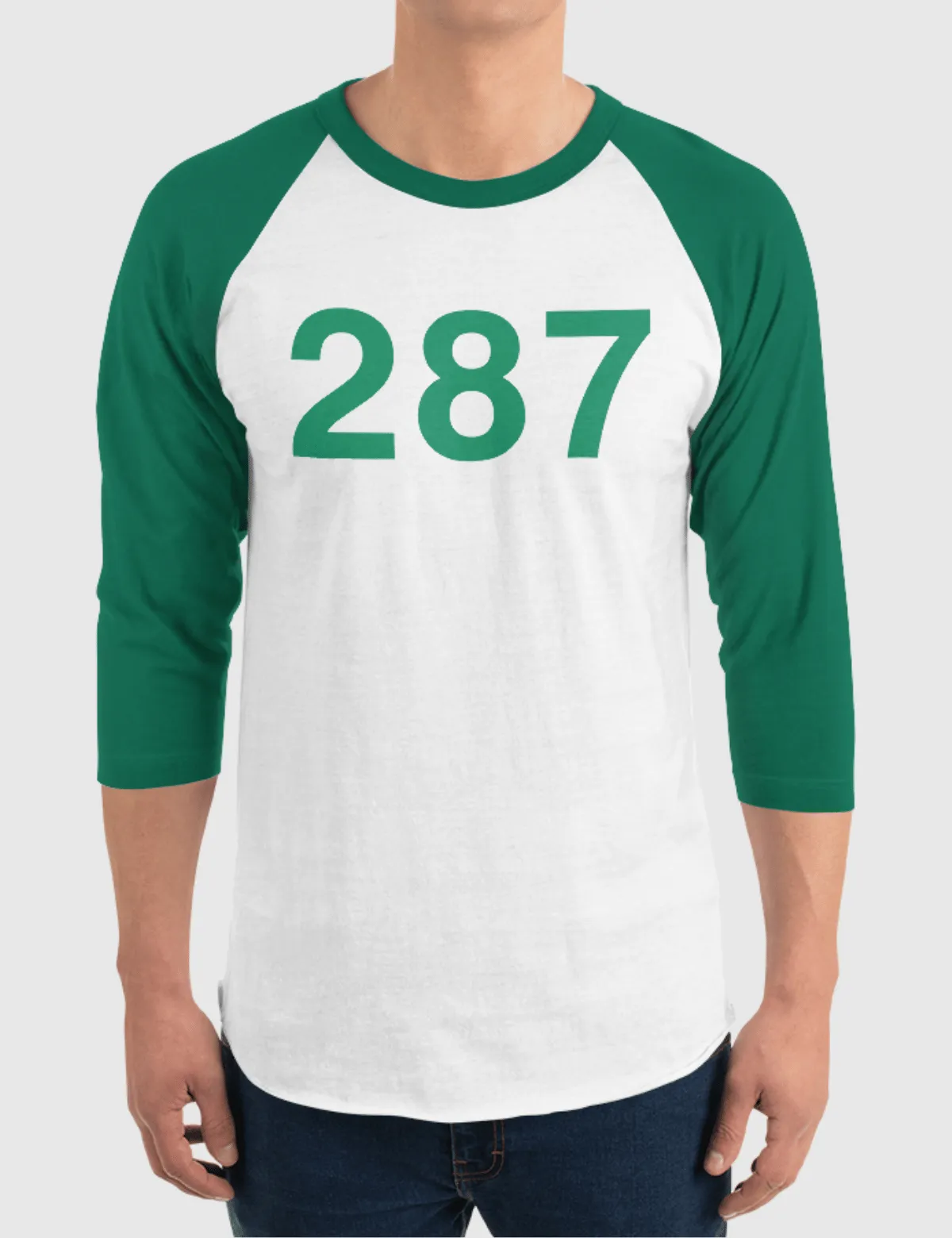 Squid Game: The Challenge Player Raglan Shirt [White/Kelly] - Player 287