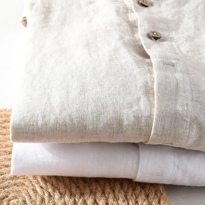 Stand Collar Pure Linen Long Sleeve Shirt
