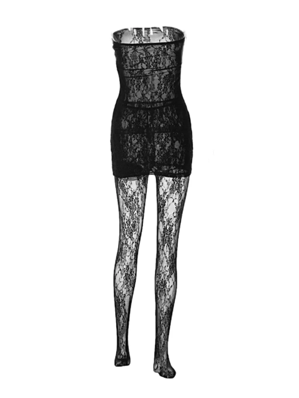 STRAPLESS LACE MINI JUMPSUIT IN BLACK