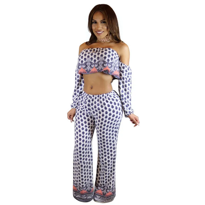 Strapless Long Sleeve Jumpsuit Dot Printed Women Bodysuit Two Piece