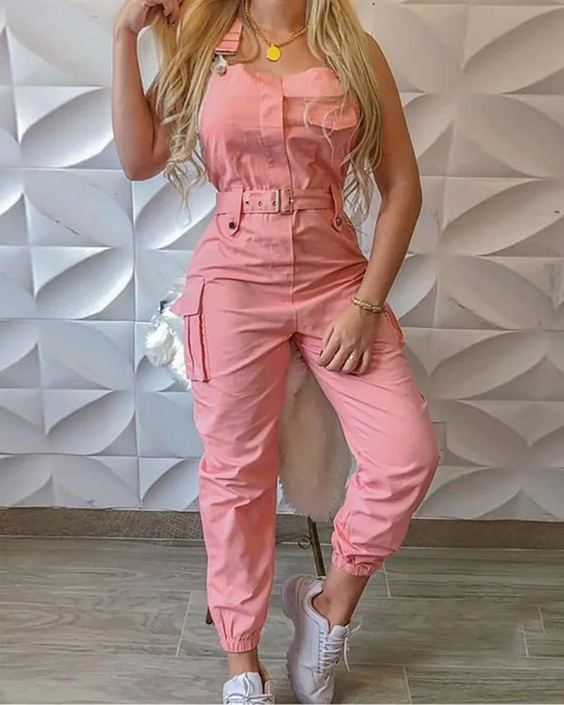 Strapless Pockets Design Cargo Suspender Overalls Rompers