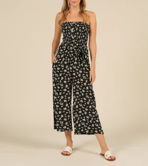 Strapless Smock Daisy Print Wooden Button Jumpsuit