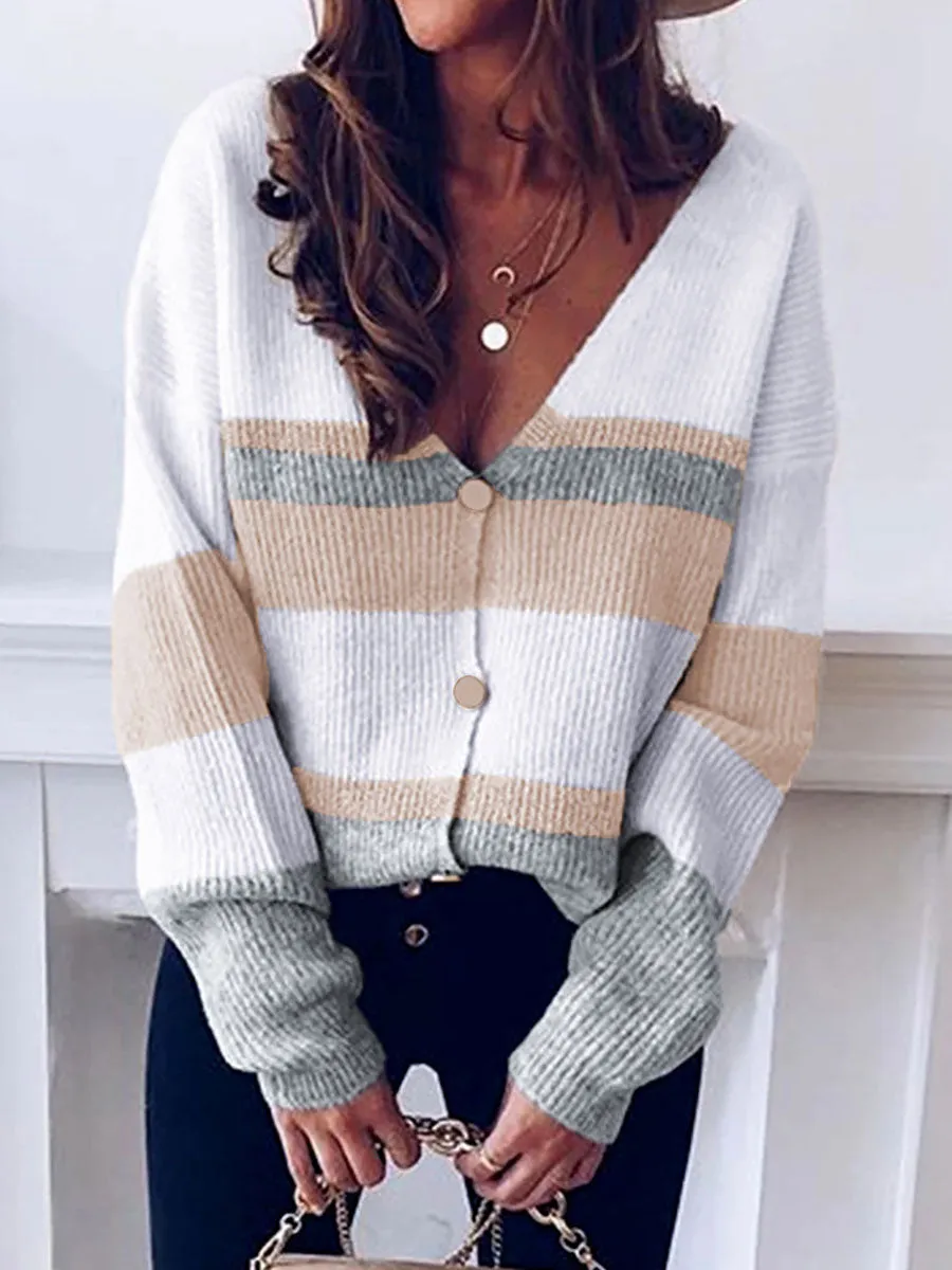 Stunncal Casual Striped Patchwork V Neck Cardigans(4 Colors)